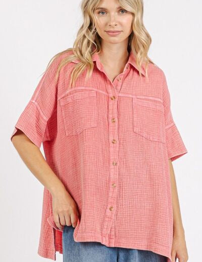 Mittoshop Mineral Wash Gauze Oversized Short Sleeve Shirt DEEP CORAL Shirts