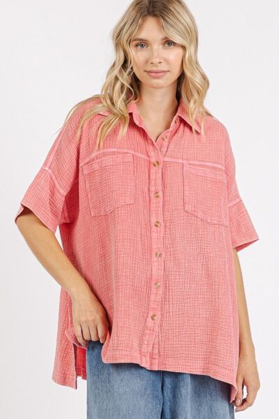 Mittoshop Mineral Wash Gauze Oversized Short Sleeve Shirt DEEP CORAL Shirts