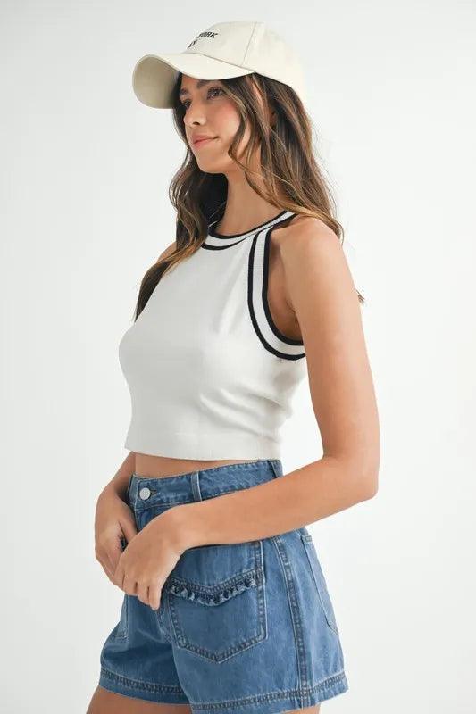 MABLE Contrast Trim Grecian Neck Cropped Tank - DAVERRI FASHIONS