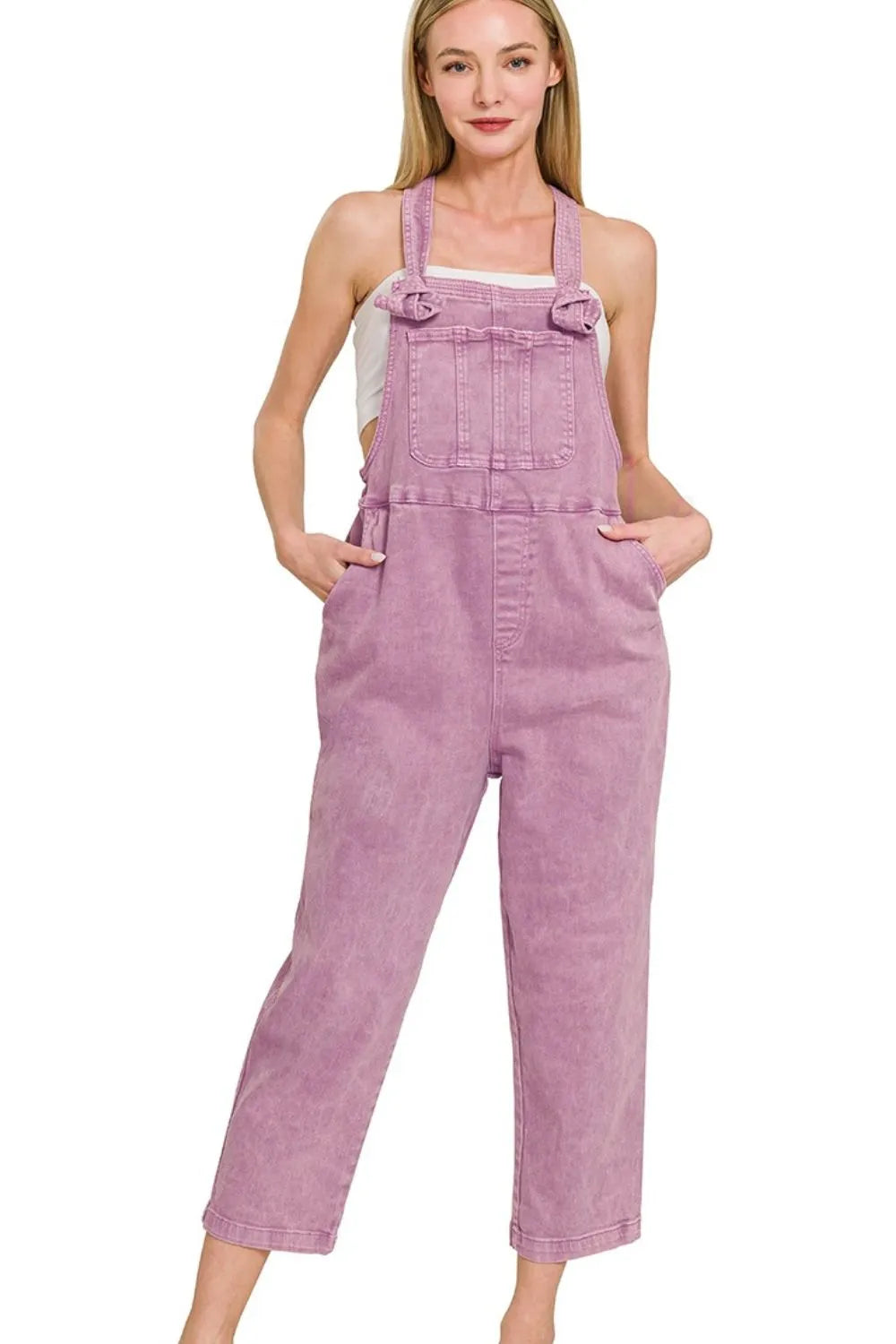 Zenana Washed Knot Strap Relaxed Fit Overalls B VIOLET Overalls