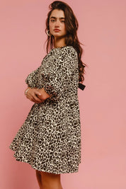 BiBi Leopard Denim Dress With Back Contrast Tie Detail | Daverri Fashions