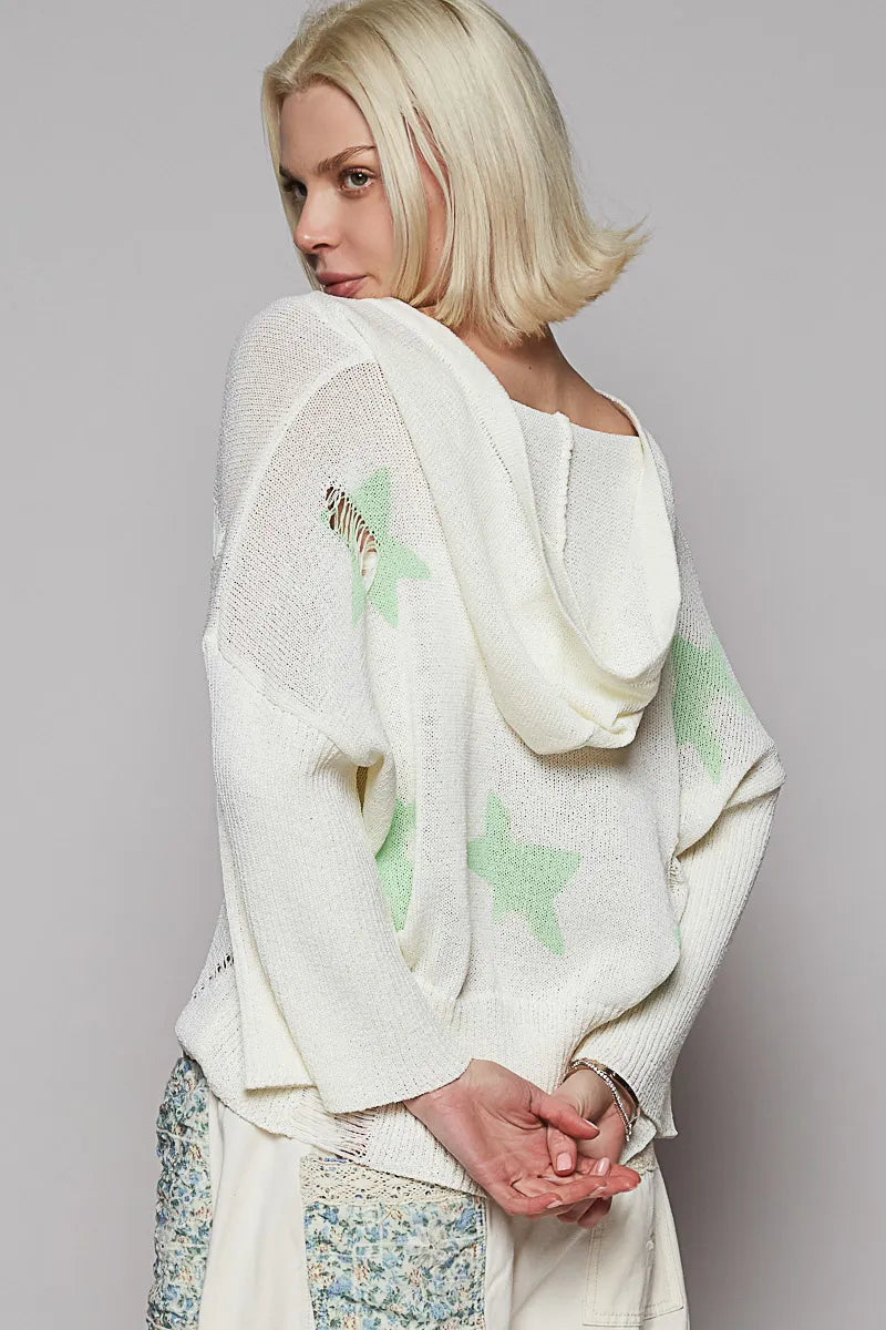 POL Distressed Lace-Up Star Pattern Hooded Hooded Sweater Sweaters