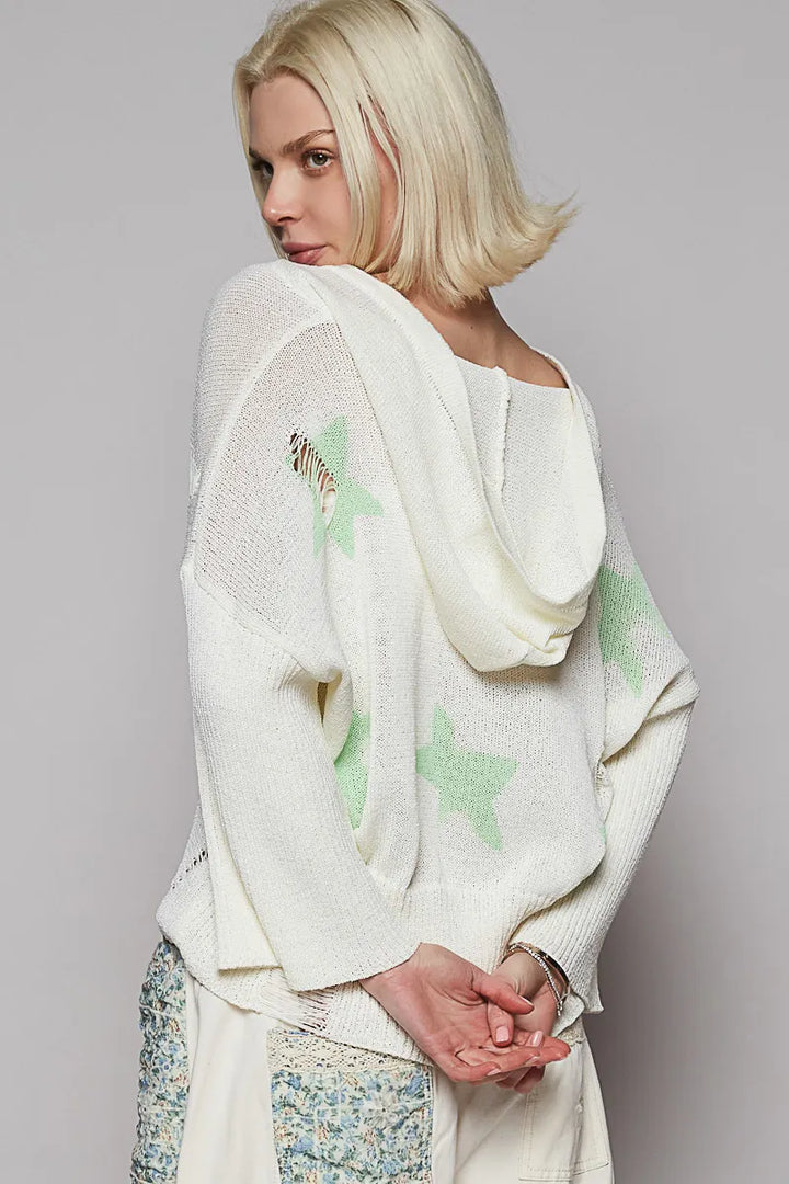 POL Distressed Lace-Up Star Pattern Hooded Hooded Sweater Sweaters