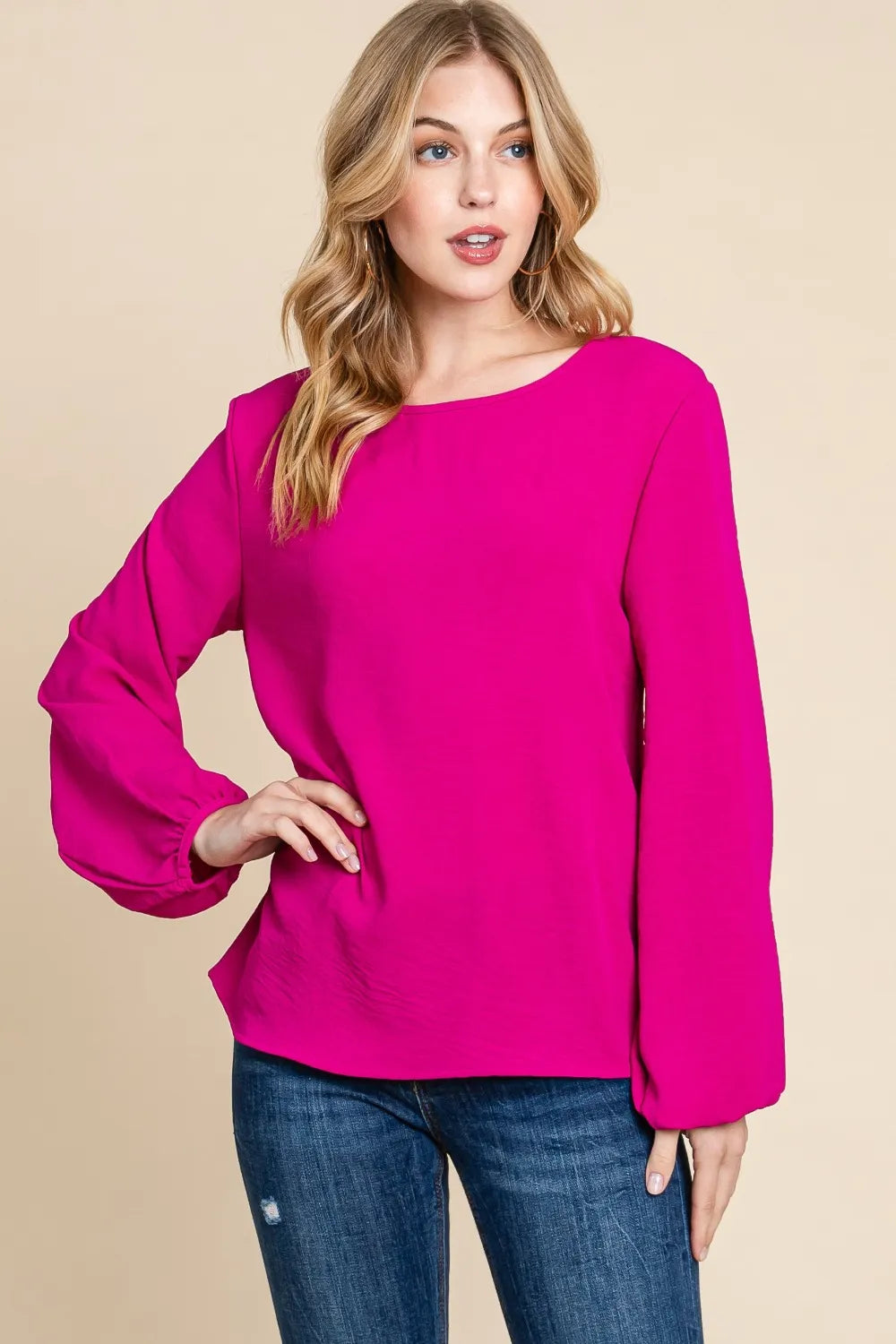 BOMBOM Textured Balloon Sleeve Blouse | Blouses Daverri Fashions