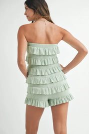 MABLE Pointelle Knit Fabric Ruffled Tube Romper | Rompers Daverri Fashions