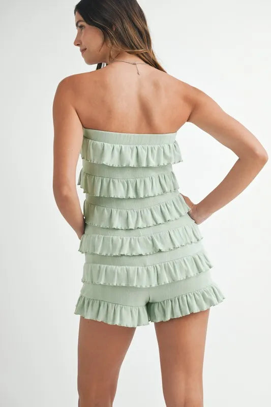 MABLE Pointelle Knit Fabric Ruffled Tube Romper Rompers