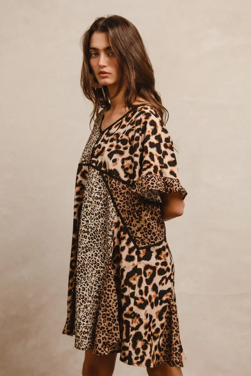 BiBi Leopard Prints Mix and Match Short Sleeves Dress Mini Dresses
