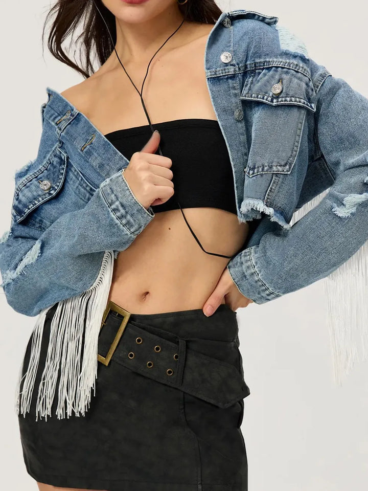 Distressed Fringe Collared Neck Cropped Denim Jacket | Denim Jackets Daverri Fashions