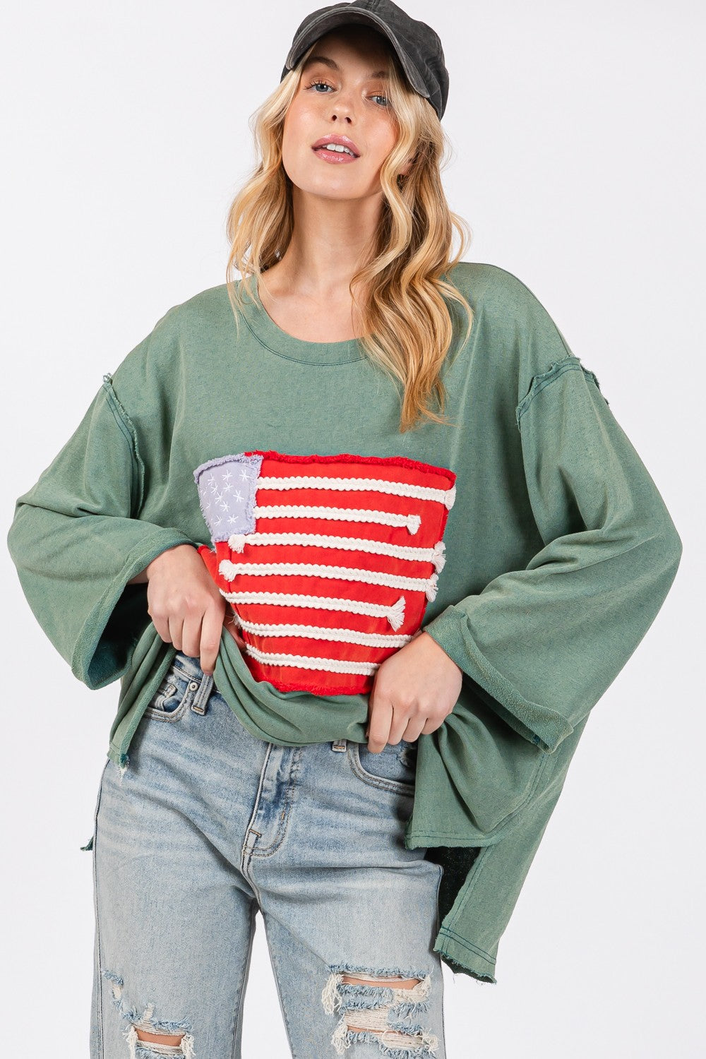 SAGE + FIG Full Size American Flag Patch Drop Shoulder T-Shirt T-Shirts