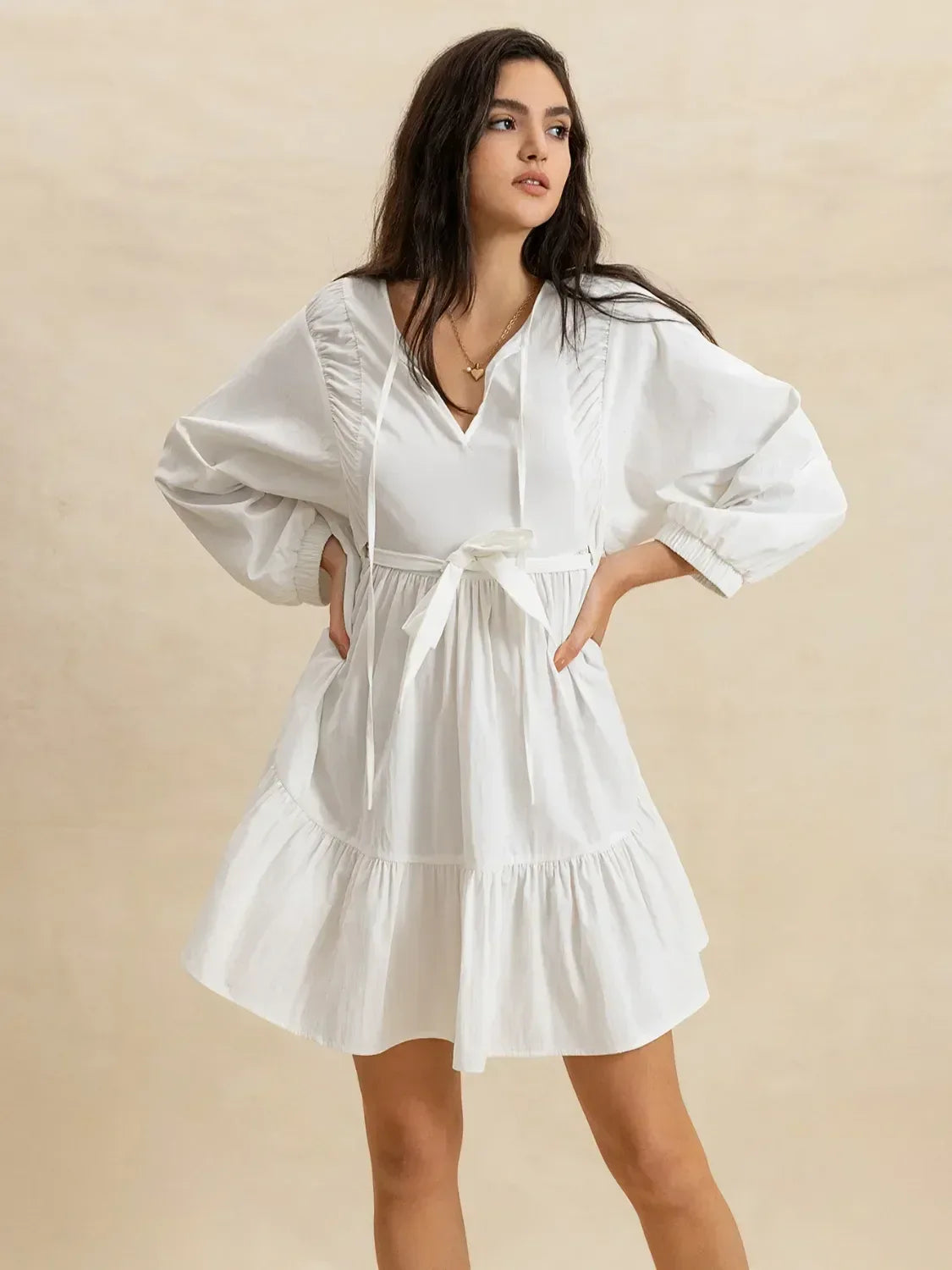 Tiered Tie Neck Long Sleeve Mini Dress - DAVERRI FASHIONS