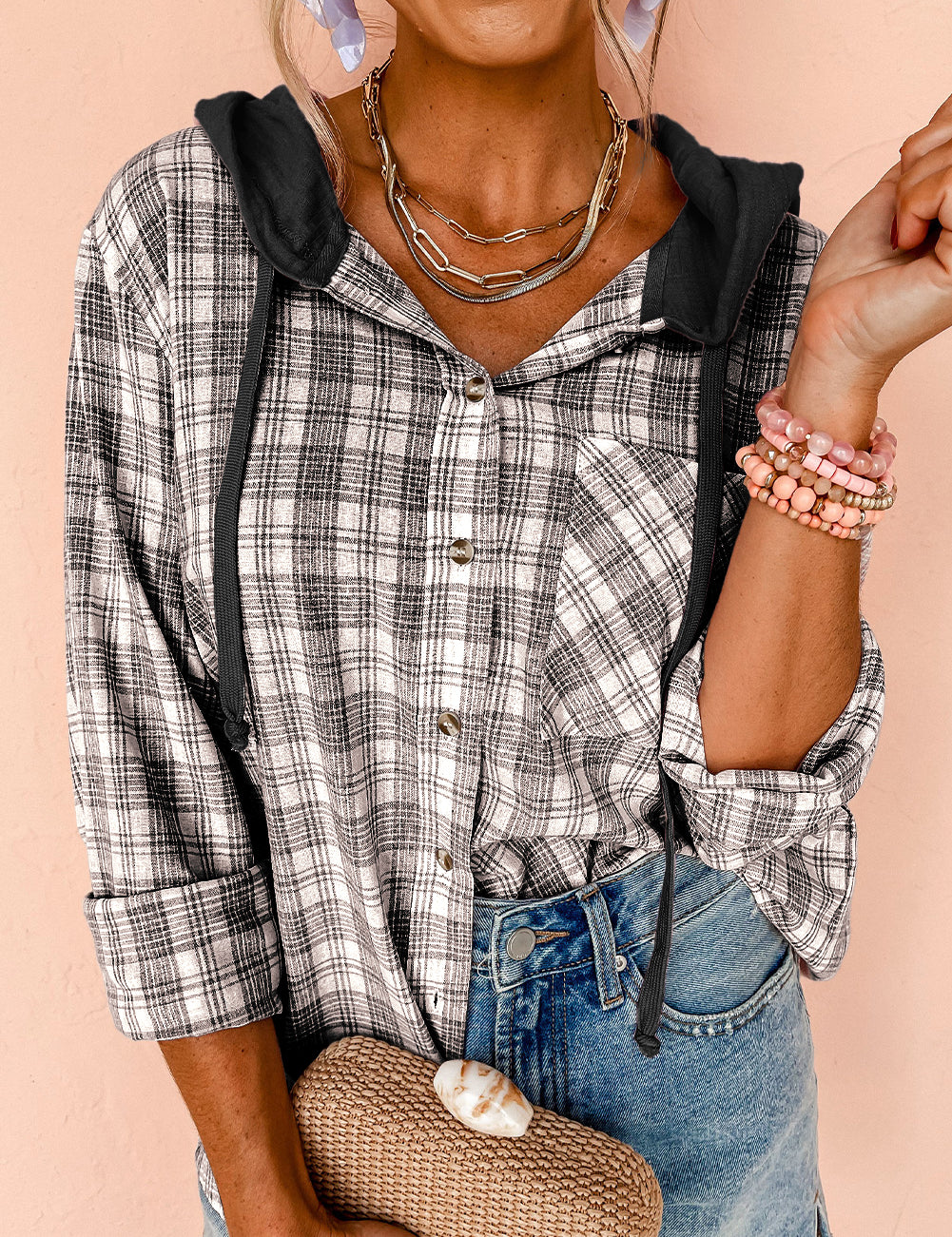 Black 65%Polyester+35%Cotton Pink Checkered Print Loose Fit Buttoned Hooded Shacket | Shackets Daverri Fashions