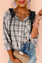 Black 65%Polyester+35%Cotton Pink Checkered Print Loose Fit Buttoned Hooded Shacket | Shackets Daverri Fashions