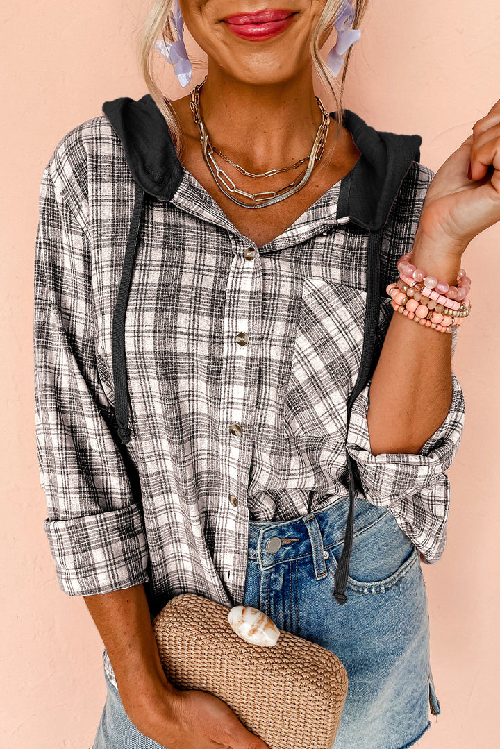 Black 65%Polyester+35%Cotton Pink Checkered Print Loose Fit Buttoned Hooded Shacket | Shackets Daverri Fashions