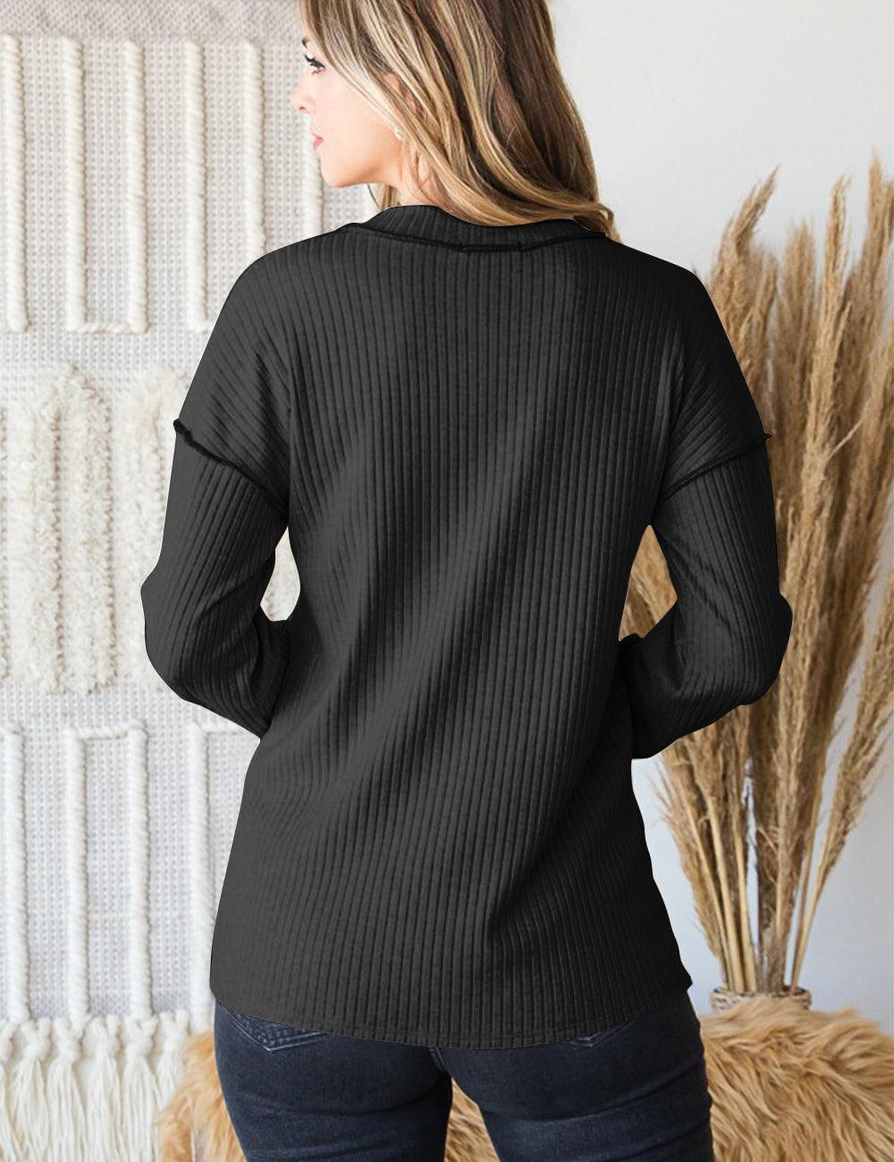 Heimish Full Size Ribbed V-Neck Exposed Seam Top | Tops Daverri Fashions