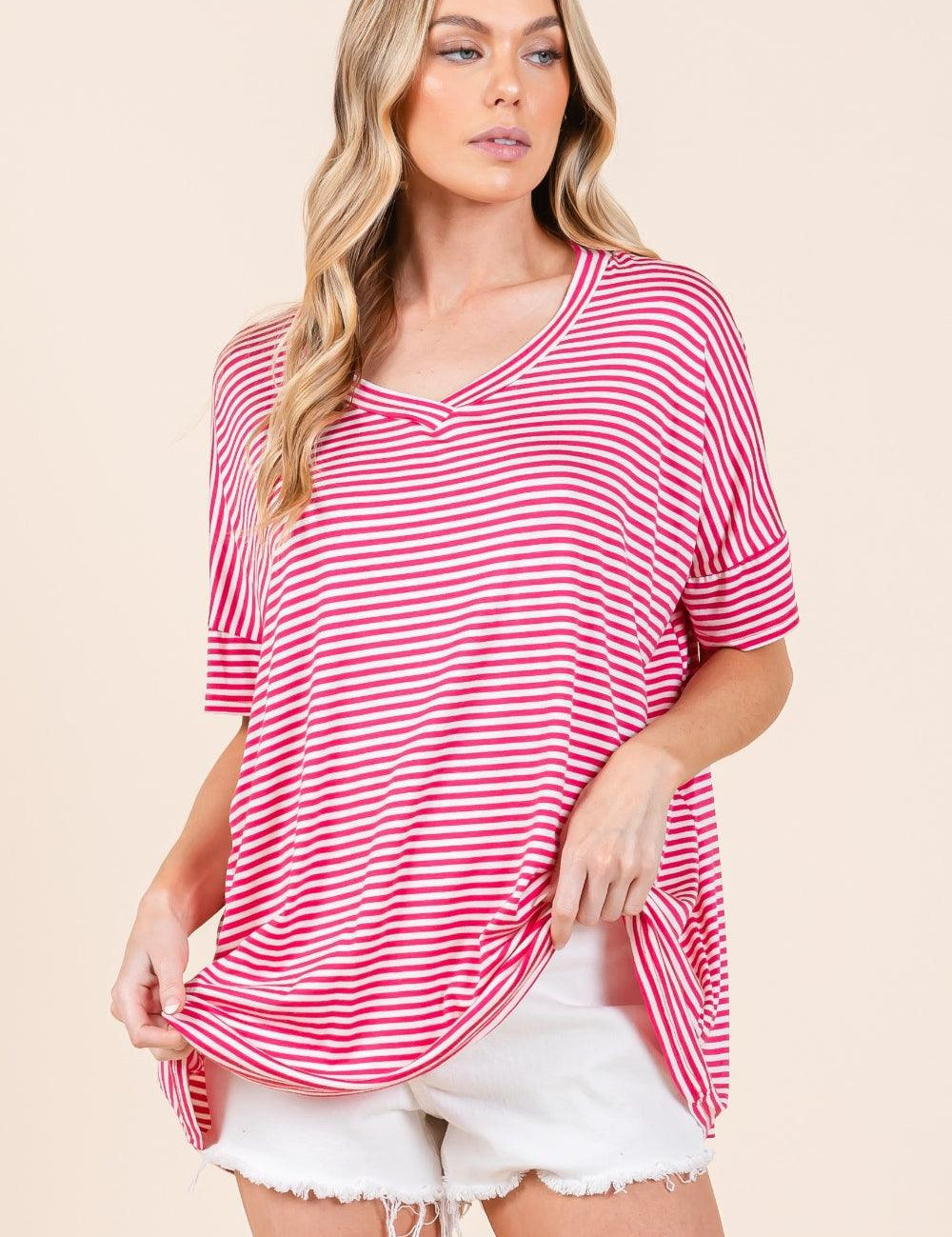 BOMBOM Striped V-Neck T-Shirt T-Shirts