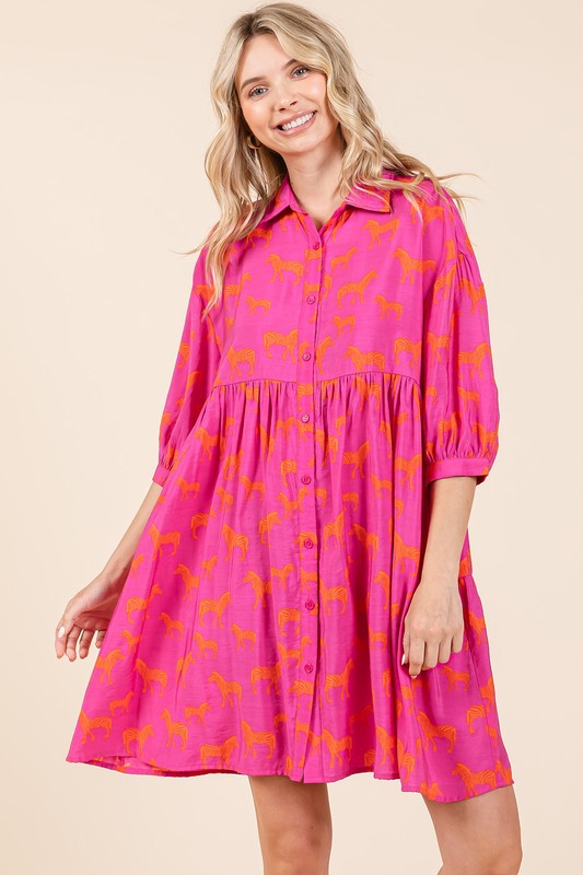 Mittoshop Hot Pink Zebra Print Button Down Shirt Mini Dress Mini Dresses