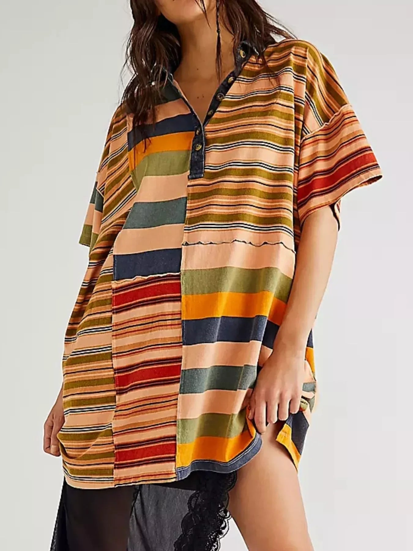 Striped Oversized Half Button Shirt Dress - DAVERRI FASHIONS