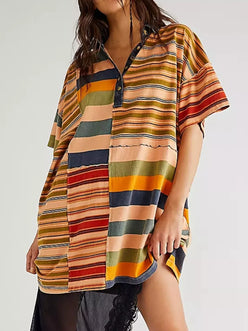 Striped Oversized Half Button Shirt Dress - DAVERRI FASHIONS