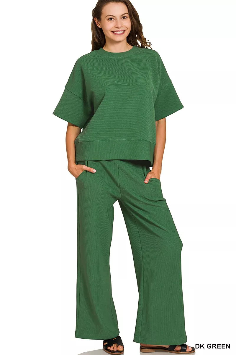 DK GREEN Zenana Ribbed Round Neck Tee & Pants Set | Loungewear Sets Daverri Fashions