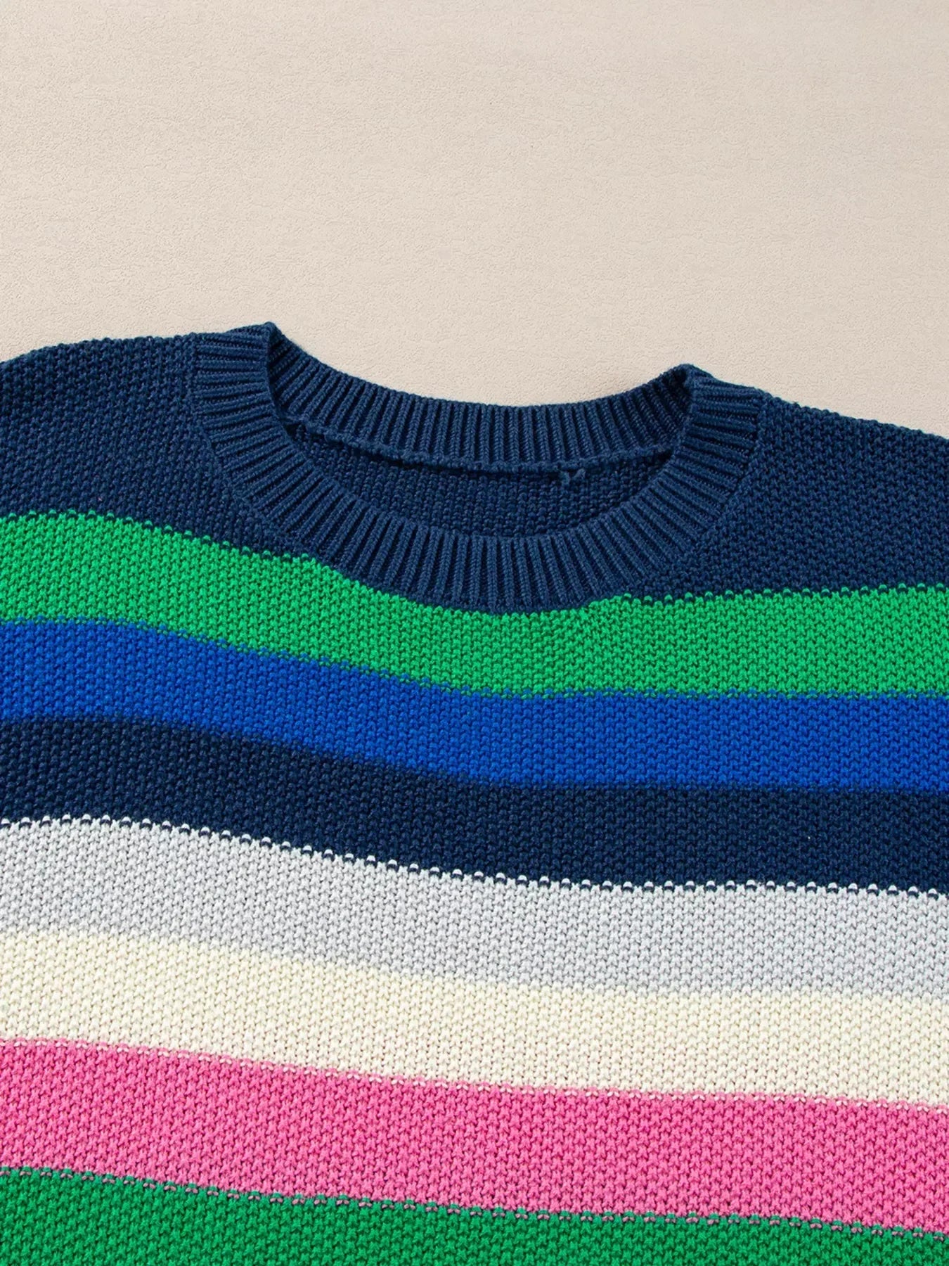 Rainbow Striped Crew Neck Drop Shoulder Sweater - DAVERRI FASHIONS