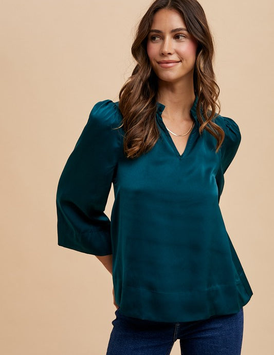 Annie Wear Satin Notched Three-Quarter Sleeve Blouse Blouses