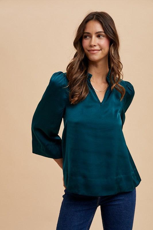 Annie Wear Satin Notched Three-Quarter Sleeve Blouse - DAVERRI FASHIONS