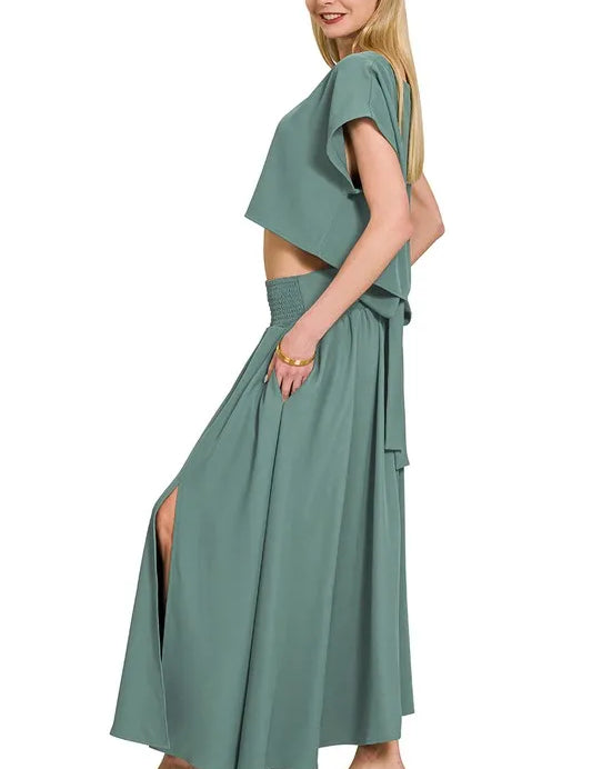 Zenana Heavy Woven Span Crop Tee & Skirt Set | Outfit Sets Daverri Fashions