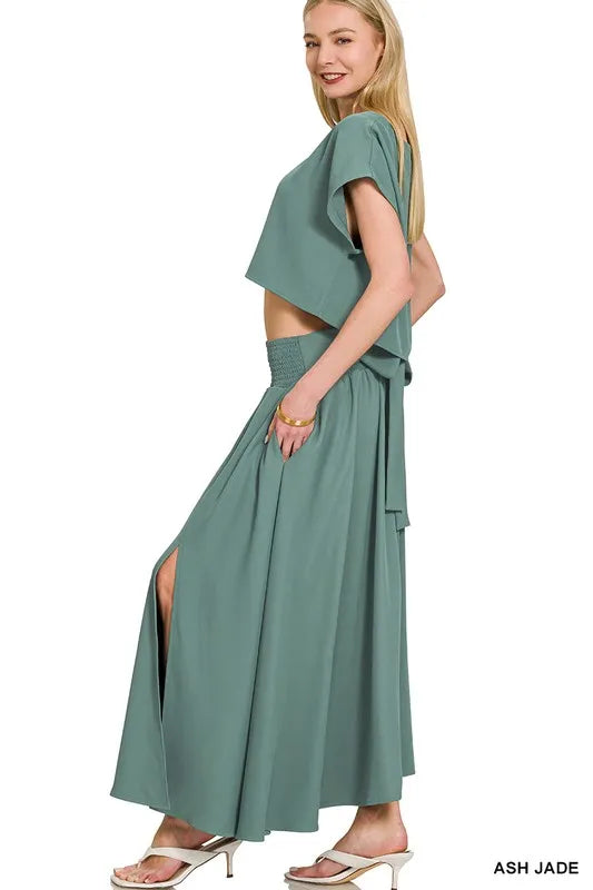 Zenana Heavy Woven Span Crop Tee & Skirt Set Outfit Sets