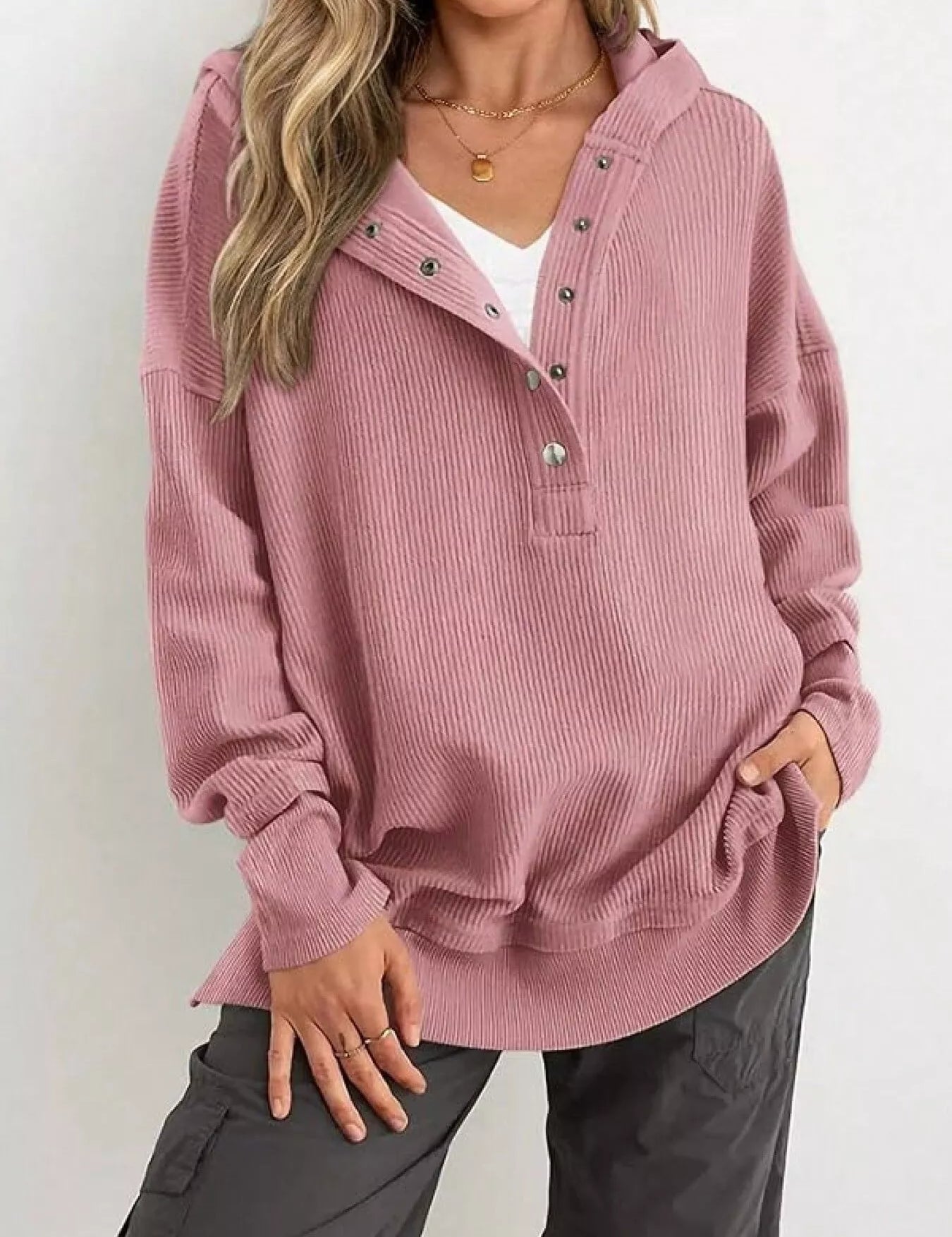 Pink Half Snap Long Sleeve Hoodie | Hoodies Daverri Fashions