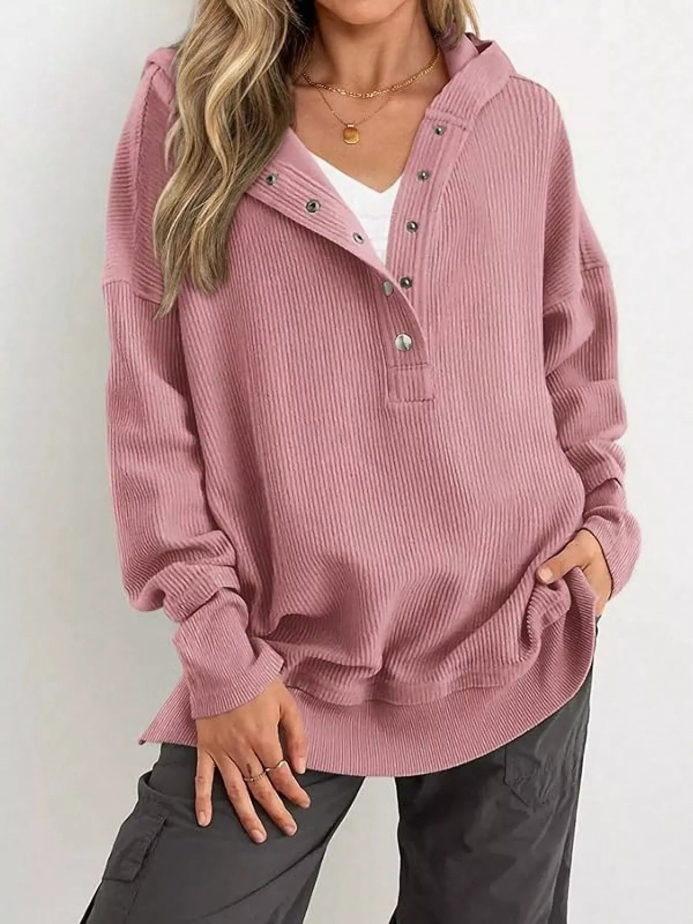 Pink Half Snap Long Sleeve Hoodie | Hoodies Daverri Fashions