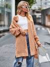 Tan oversized waffle-knit cardigan with ribbed texture and open front