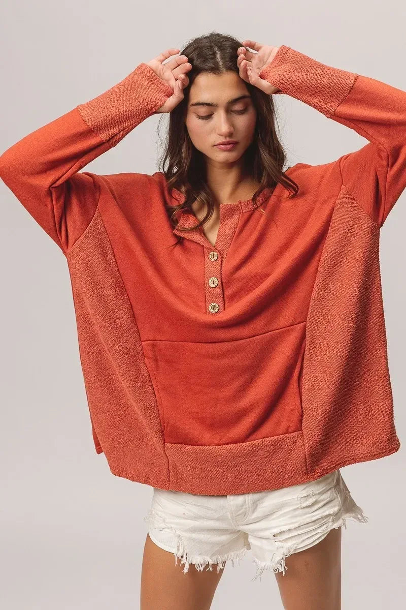 BiBi French Terry Knit Side Block Buttoned Henley Top - DAVERRI FASHIONS
