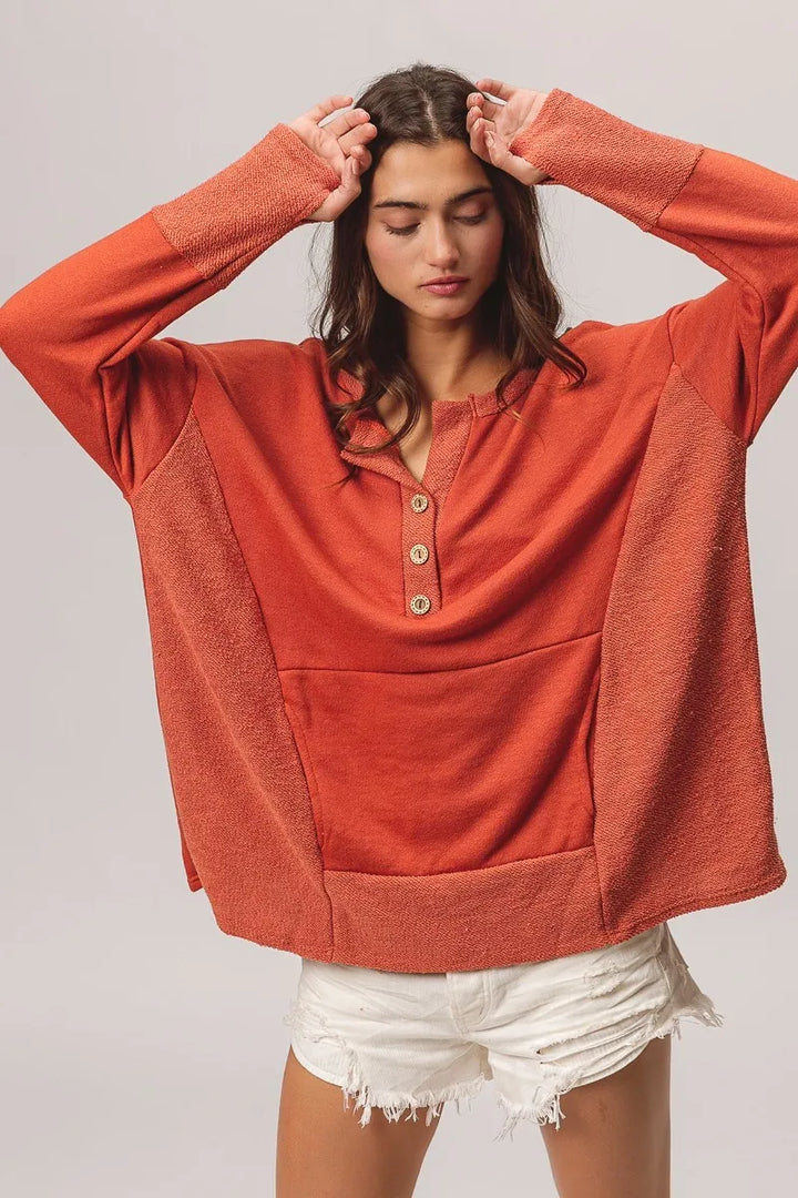 BiBi French Terry Knit Side Block Buttoned Henley Top | Knit Tops Daverri Fashions
