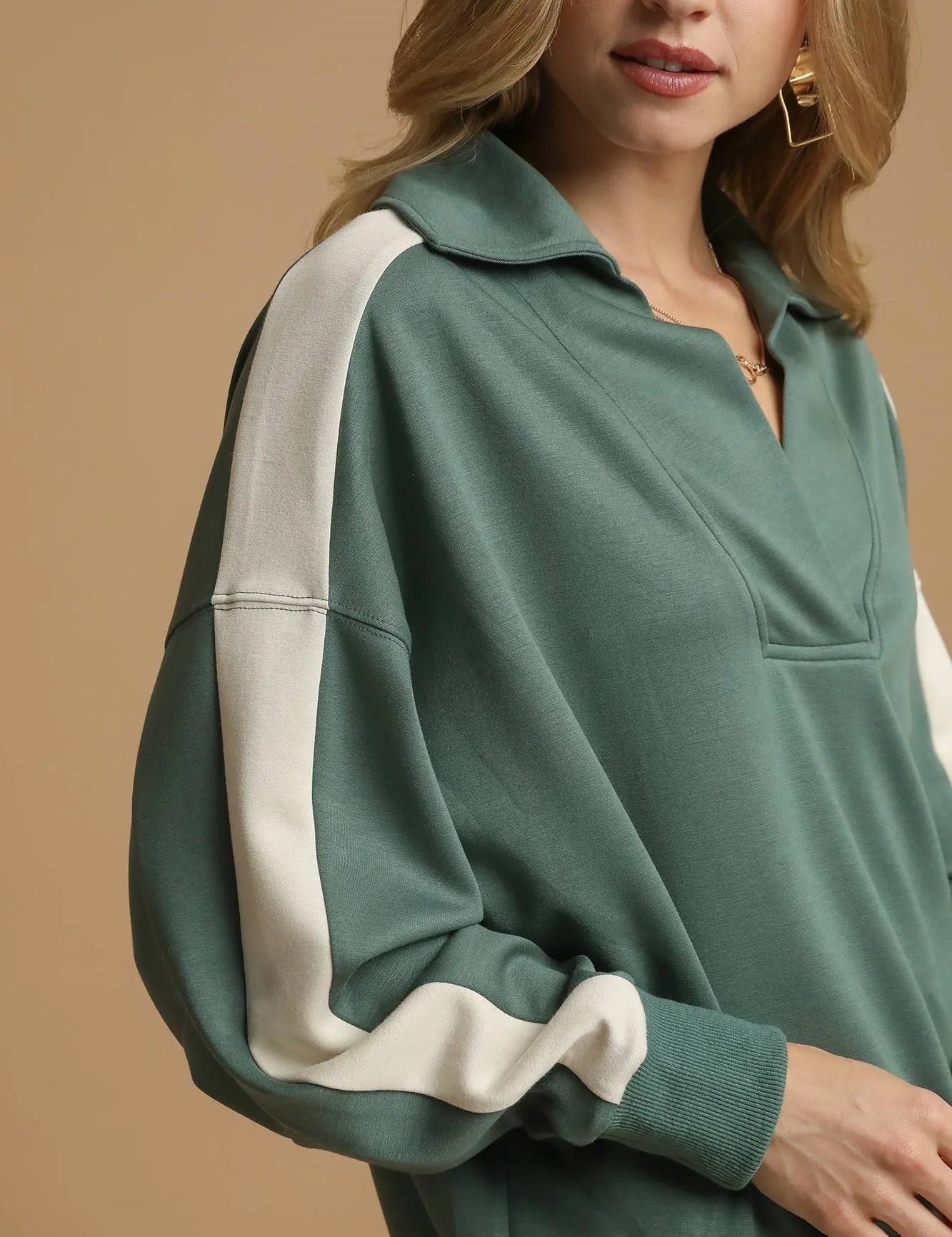 Umgee Contrast Long Sleeve Sweatshirt with Collar | Sweatshirts Daverri Fashions