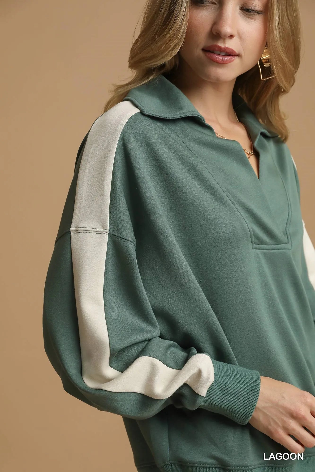 Umgee Contrast Long Sleeve Sweatshirt with Collar Sweatshirts