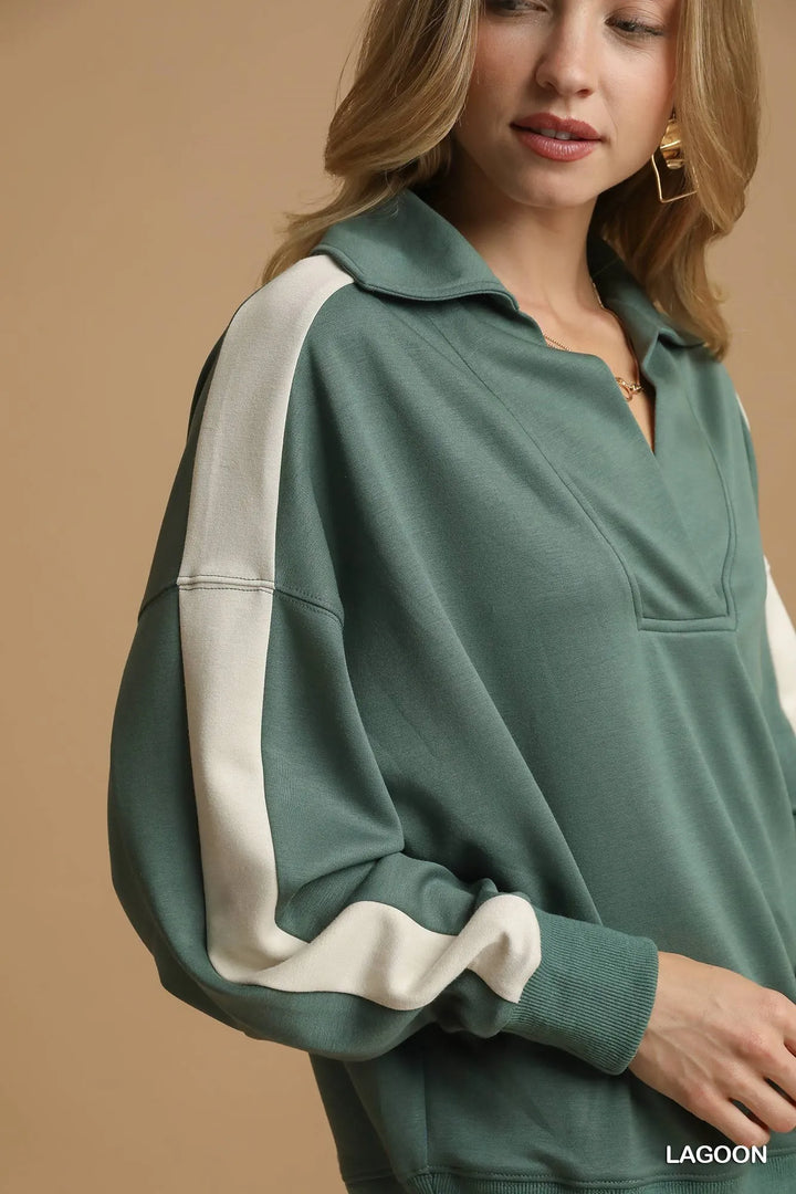 Umgee Contrast Long Sleeve Sweatshirt with Collar Sweatshirts