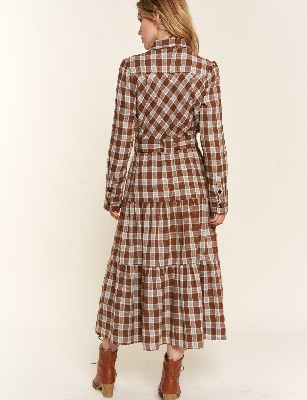 And the Why Plaid Tiered Midi Shirt Dress | Daverri Fashions