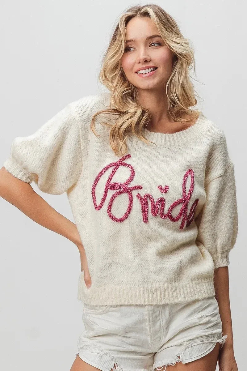 BiBi Metallic Letter Short Puff Sleeve Hairy Sweater - DAVERRI FASHIONS