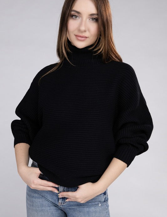 Viscose Dolman Sleeve Turtleneck Sweater BLACK Tops