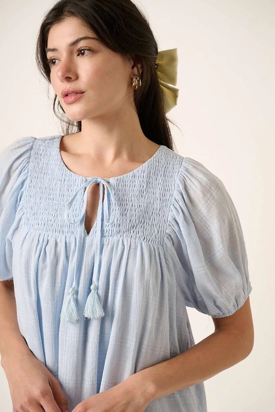 Mittoshop light blue smocked blouse with puffed sleeves and tassel ties