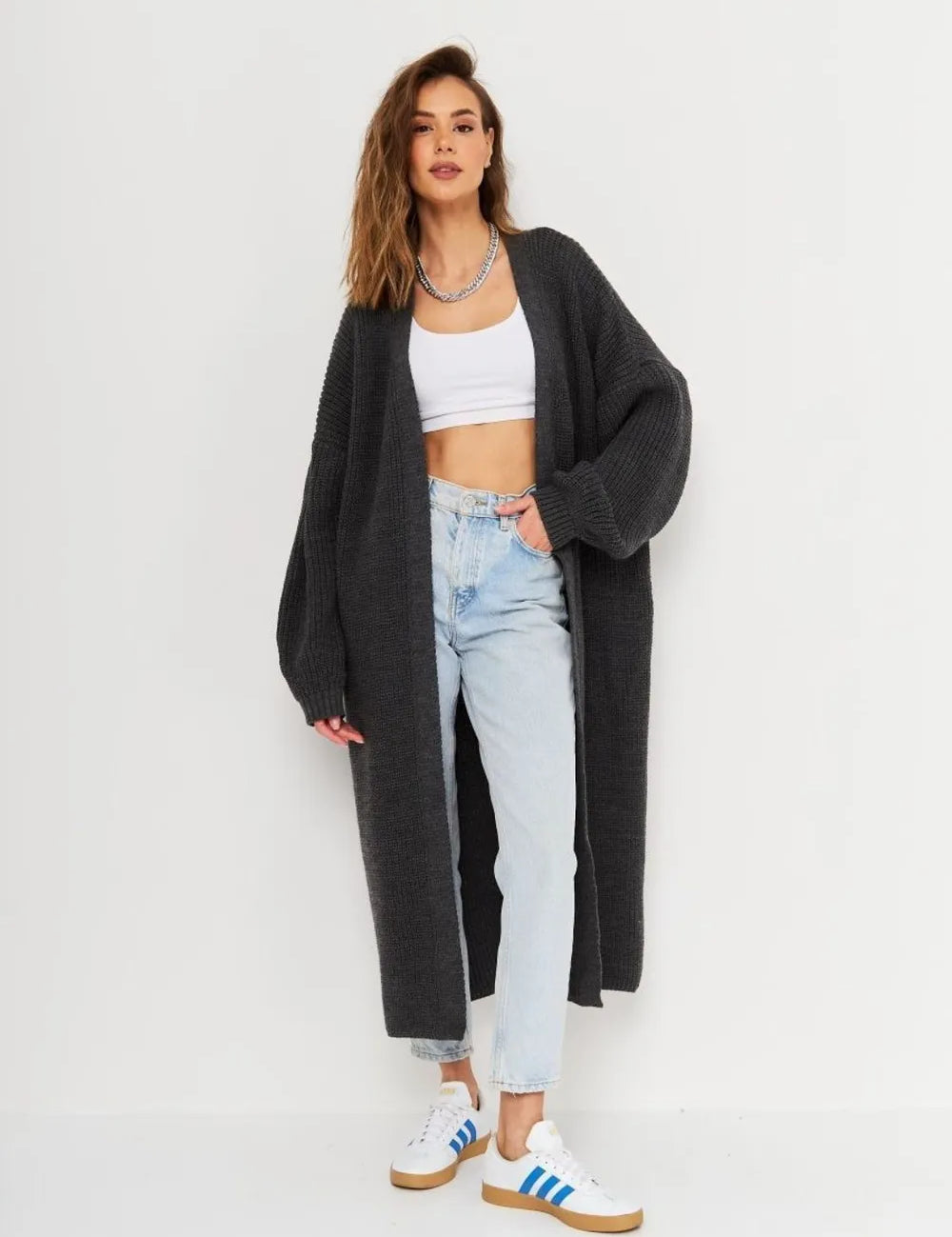 Black One Size Open Front Long Sleeve Longline Cardigan | Cardigans Daverri Fashions