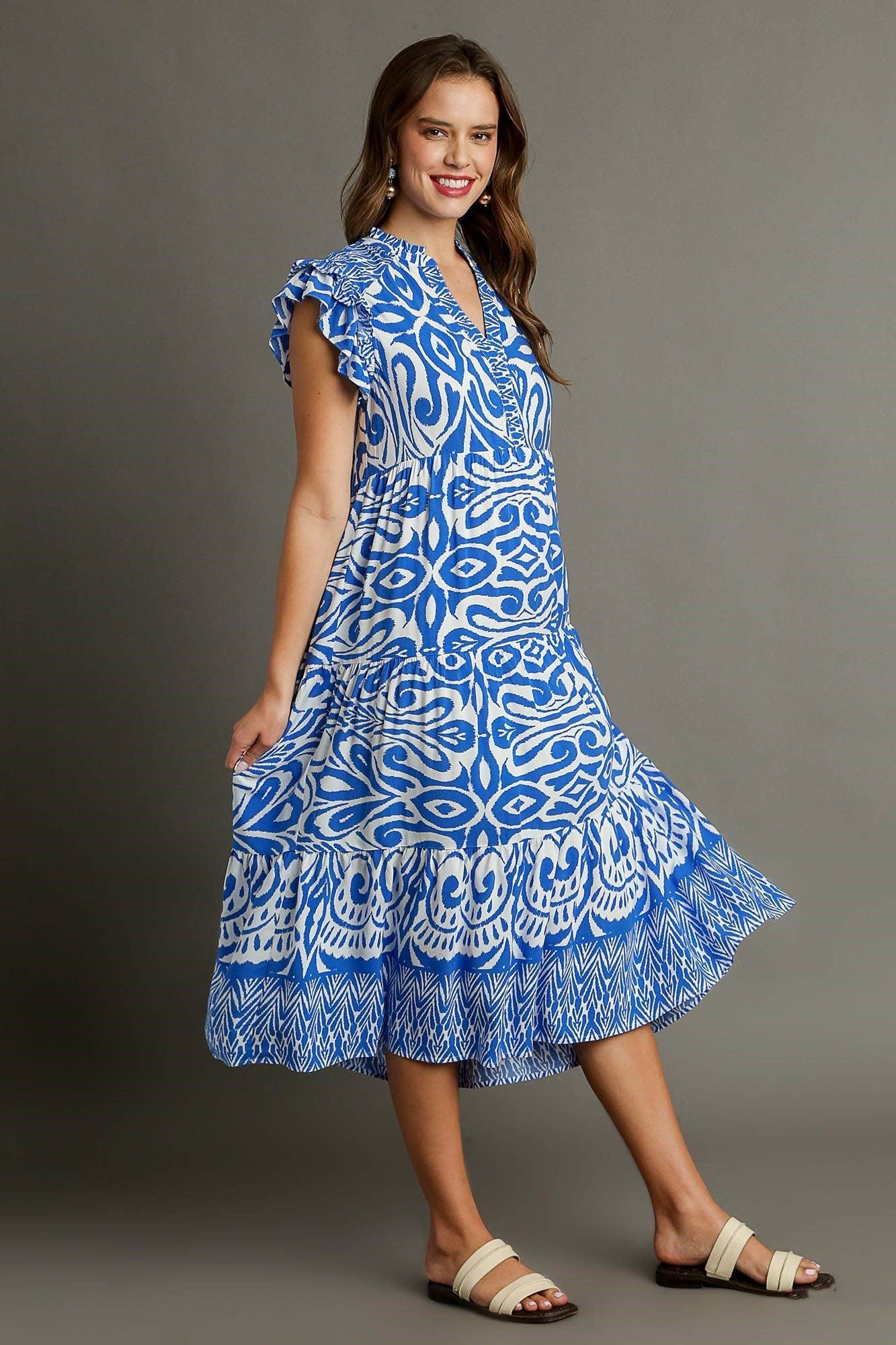 Umgee Full Size Two Tone Border Print Ruffle Cap Sleeve Midi Dress Plus Size Mid Dresses