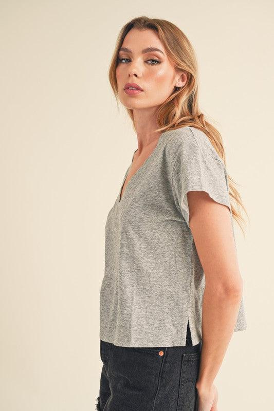 Aemi + Co Side Slit V-Neck Short Sleeve Cropped T-Shirt - DAVERRI FASHIONS