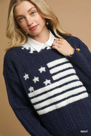 Umgee Distressed American Flag Sweater Navy | Daverri Fashions