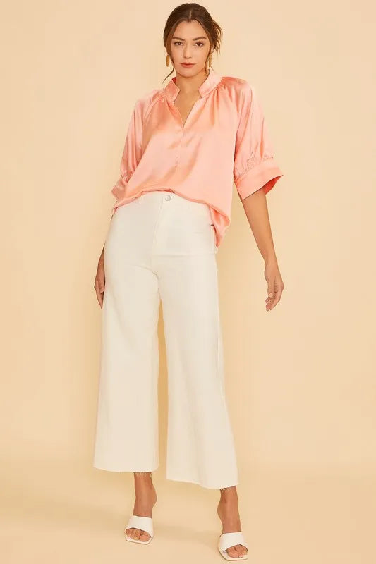 Annie Wear Satin V Neck Open Short Sleeve Woven Blouse Top PEACH