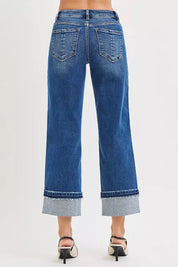 RISEN Mid Rise Ankle Straight Jeans with Cuffed Hem | Jeans Daverri Fashions