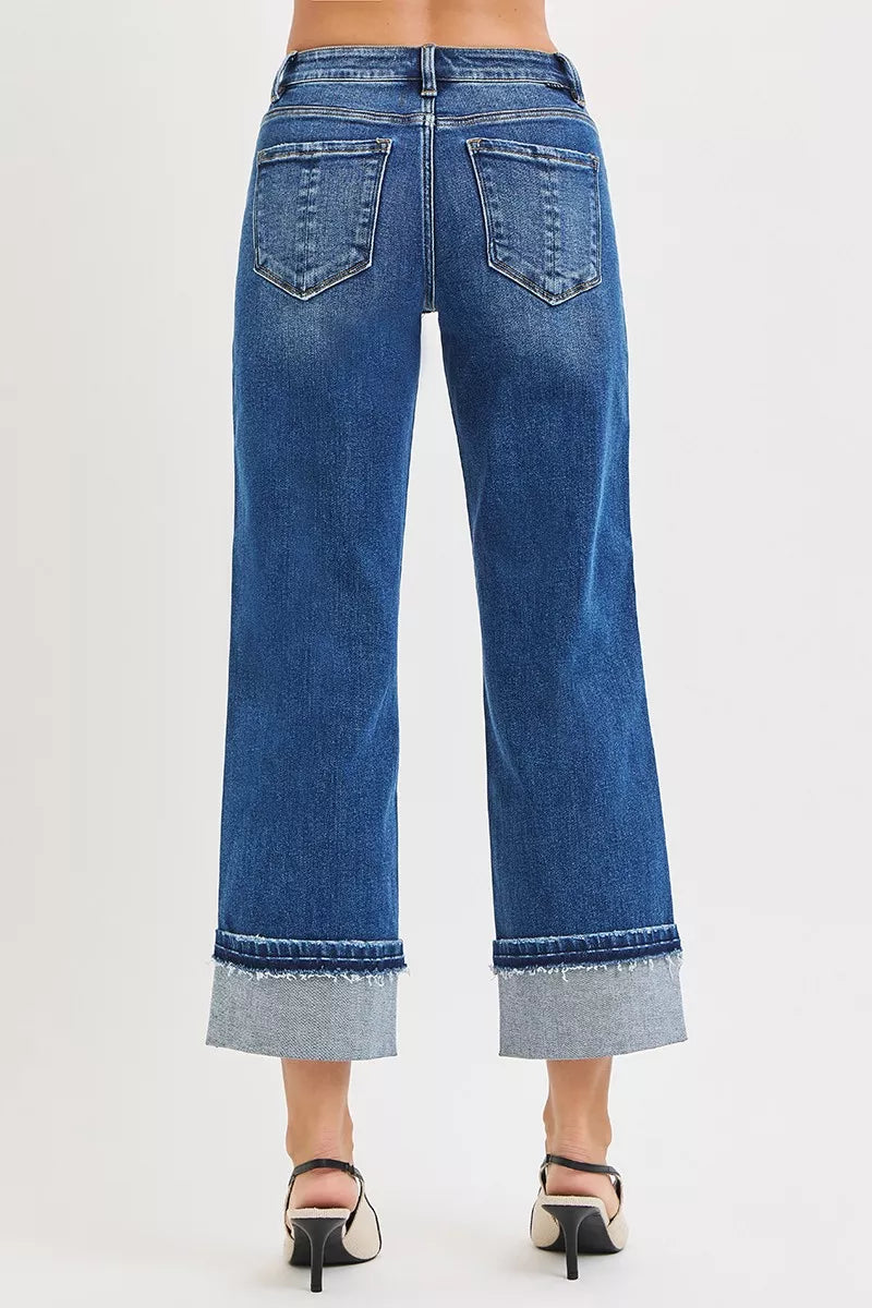 RISEN Mid Rise Ankle Straight Jeans with Cuffed Hem | Daverri Fashions