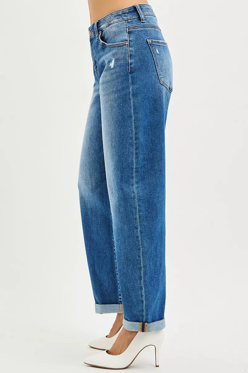 RISEN Plus Size Mid Rise Barrel Jeans in Blue Faded Denim with Rolled Cuffs