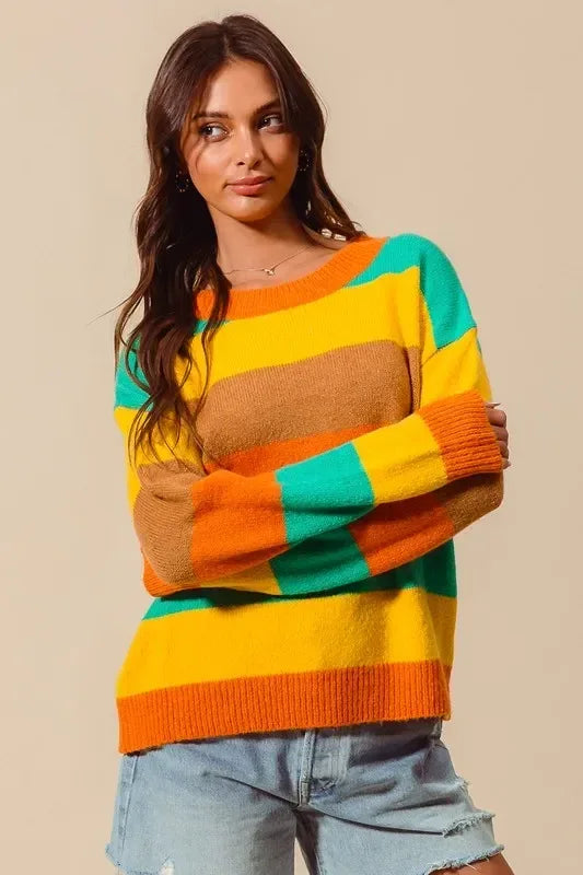 SO ME Multi Color Stripe Sweater with Ribbed Detail - DAVERRI FASHIONS