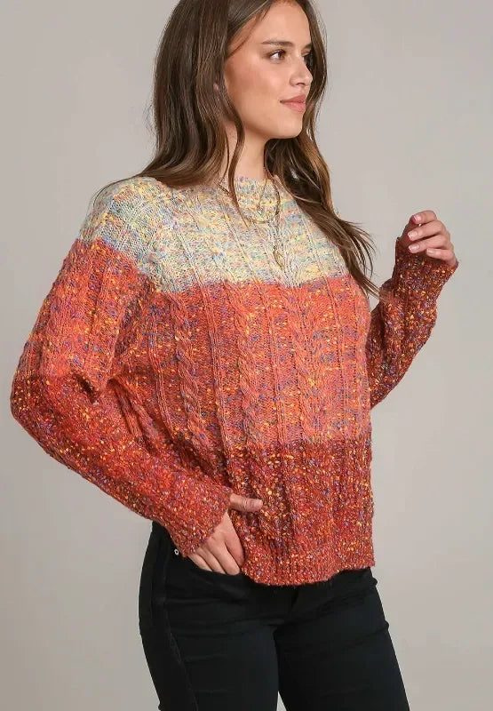 Cable-Knit Color Block Round Neck Long Sleeve Sweater - DAVERRI FASHIONS